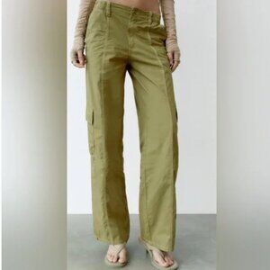 ZARA MID-RISE PARACHUTE PANTS, OLIVE GREEN, SM